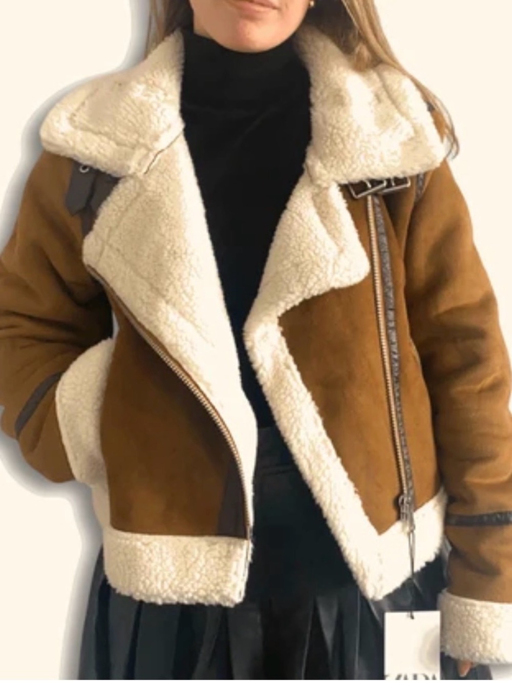 Zara Brown Faux Shearling Aviator Jacket with Cream Trim